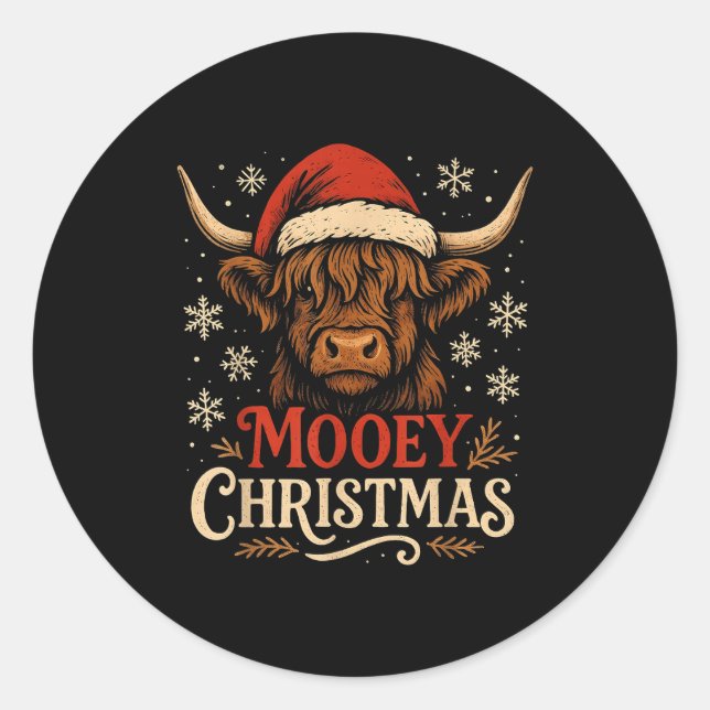 Adesivo Redondo Mooey Christmas Highland Cow Funny Santa Hat Desig (Frente)
