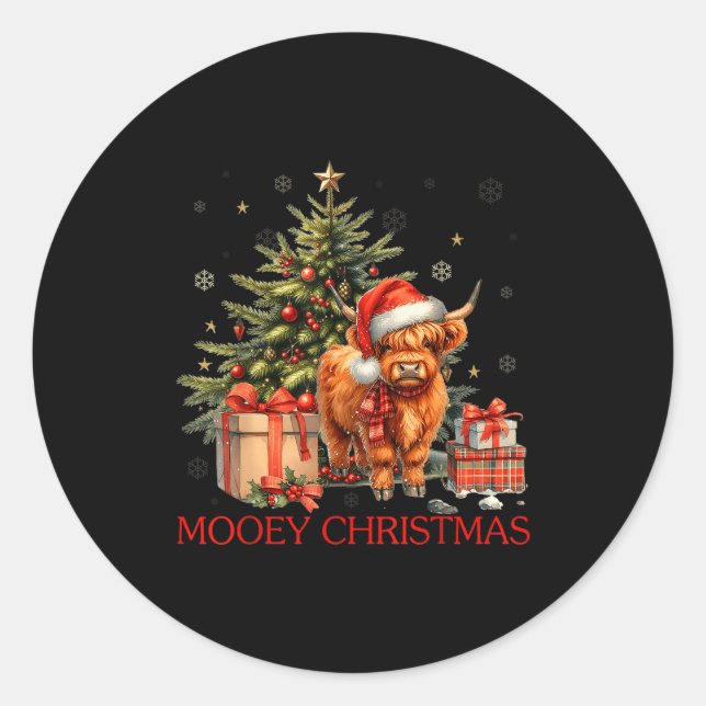 Adesivo Redondo Mooey Christmas Santa Highland Cow Santa Xmas Tree (Frente)
