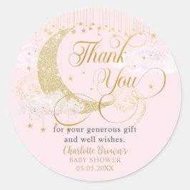 Adesivo Redondo Moon and Stars Pastel Pink Baby Shower Thank You