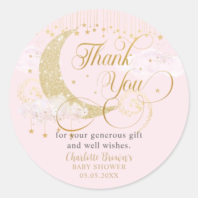 Adesivo Redondo Moon and Stars Pastel Pink Baby Shower Thank You (Frente)