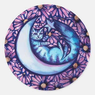 Adesivo Redondo Moon Cat Flowers Daisy Mooncat art gatinhos lua