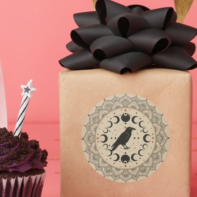 Adesivo Redondo Moon Phase Raven Mandala (Celestial Raven sticker)