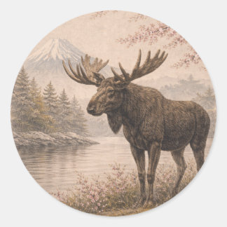 Adesivo Redondo Moose Sticker, Japanese Landscape Wildlife Art,