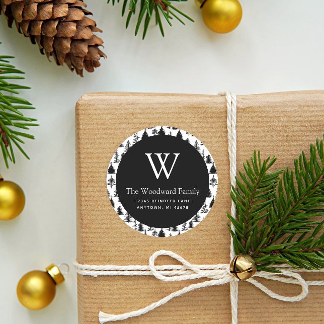 Adesivo Redondo Morada Branca e Preta das Árvores Evergreen de Nat (Criador carregado)