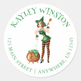 Adesivo Redondo Morada de Bruxa da Rapariga do Halloween