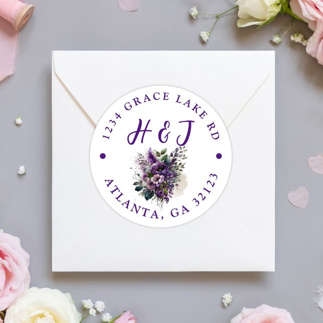 Adesivo Redondo Morada de Devolução de Boho Floral Roxo Moderno (Modern Purple Floral Boho Wedding Return Address Classic Round Sticker)