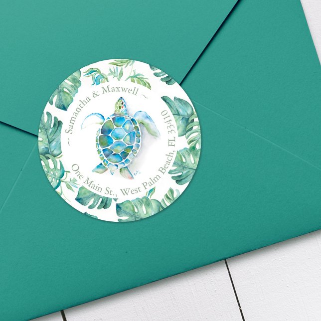 Adesivo Redondo Morada de Devolução de Tartaruga e Greenerescência (Return address labels beach watercolor sea turtle art by Victoria Grigaliunas of Do Tell A Belle)