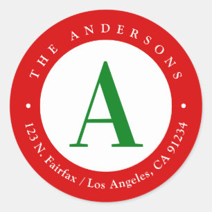 Adesivo Redondo Morada de devolução do Monograma Verde Branco Verm