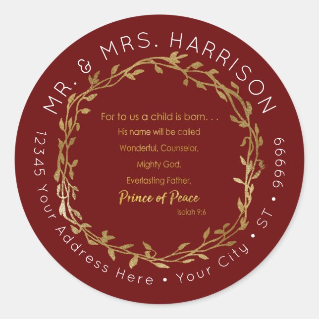 Adesivo Redondo Morada de Escritura Cristã Dourada e Vermelha Nata (Frente)