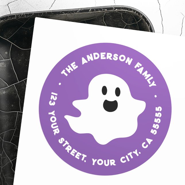 Adesivo Redondo Morada fantasma fantasma de Halloween púrpura (Spooky ghost Halloween purple return address Classic Round Sticker)