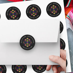 Adesivo Redondo Morada Preta das Flores do Partido Fiesta Mexicano