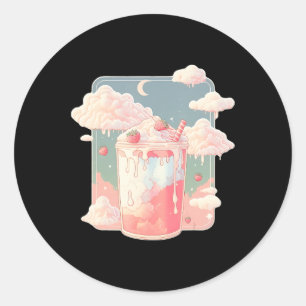 Adesivo Redondo Morango Leite Milkshake Kawaii Lofi Cute Pastel