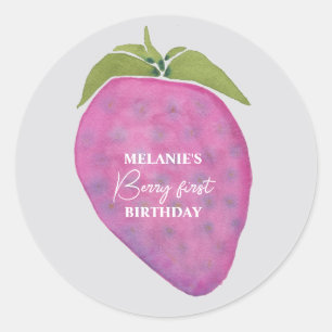 Adesivo Redondo Morango rosa Berry Primeiro Aniversário