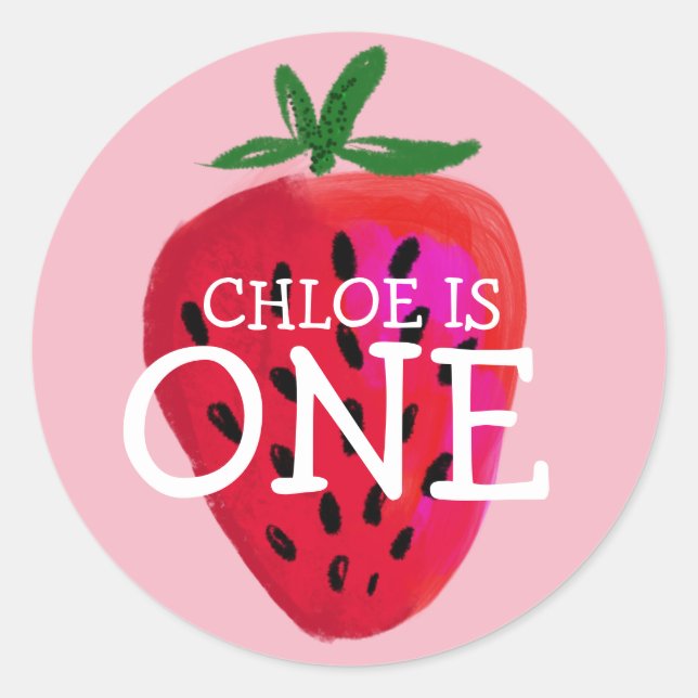 Adesivo Redondo Morango | Vinheta Personalizada de Primeiro Aniver (Frente)