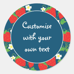 Adesivo Redondo Morangos e Flores Azul Texto Personalizado