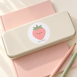 Adesivo Redondo Morangueiro Rosa Fofo com Sorriso Personalizado