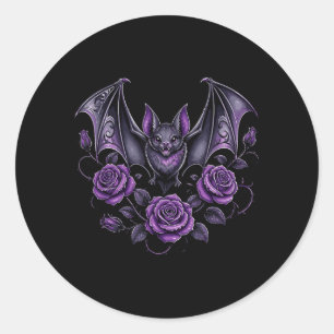 Adesivo Redondo Morcego Vampiro Com Rosas Roxas Estética Gótica