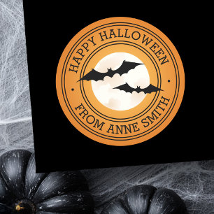Adesivo Redondo Morcegos e lua Feliz Halloween nome personalizado
