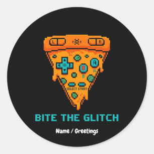 Adesivo Redondo Morde a Falha Retro 8-Bit Pixel Pizza Gamer