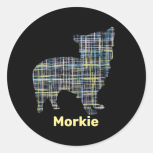 Adesivo Redondo Morkie Dog Yellow & Blue Grid Stickers