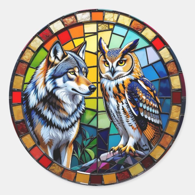 Adesivo Redondo Mosaic Wolf and Owl Vibrant Art (Frente)