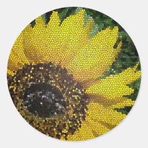 Adesivo Redondo Mosaico de Girassol Amarelo Close‑Up Design Floral