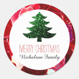 Adesivo Redondo Mosaico vermelho Árvore de Natal Verde brilha com