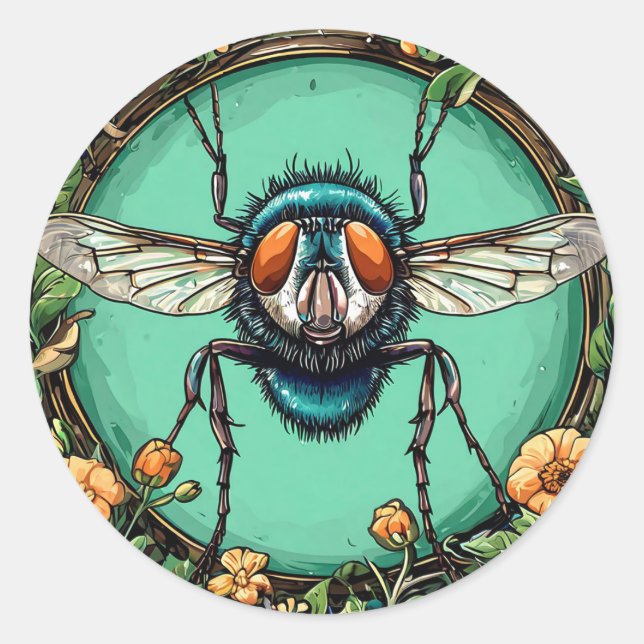 Adesivo Redondo Mosca de desenho animado divertida estética lúdica (Frente)