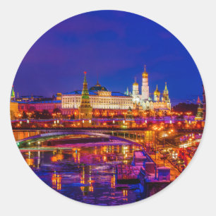 Adesivo Redondo Moscou Kremlin Na Noite De Inverno