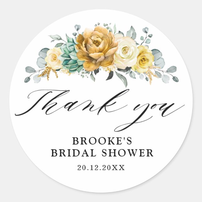 Adesivo Redondo Mostarda Amarelo Floral Sage Greenery Obrigado (Frente)