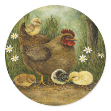 Mother Hen with Chicks Feeding on Sunflower Seeds 