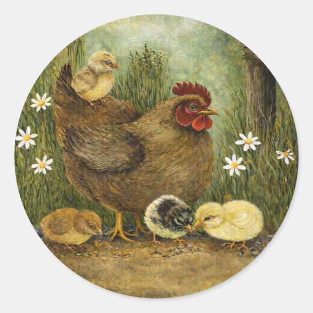 Adesivo Redondo Mother Hen with Chicks Feeding on Sunflower Seeds  (Frente)