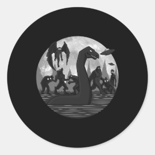 Adesivo Redondo Mothman Bigfoot Loch Ness Monster Aliens OVNI Dive