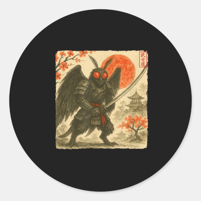 Adesivo Redondo Mothman Samurai Japanese Warrior Costume Sumi-e Ar (Frente)