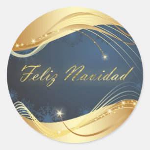 Adesivo Redondo Motivo de Natal dourado com fundo azul...