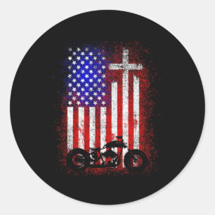 Adesivo Redondo Moto Antiga Bandeira EUA Fé Cristã Para Bi