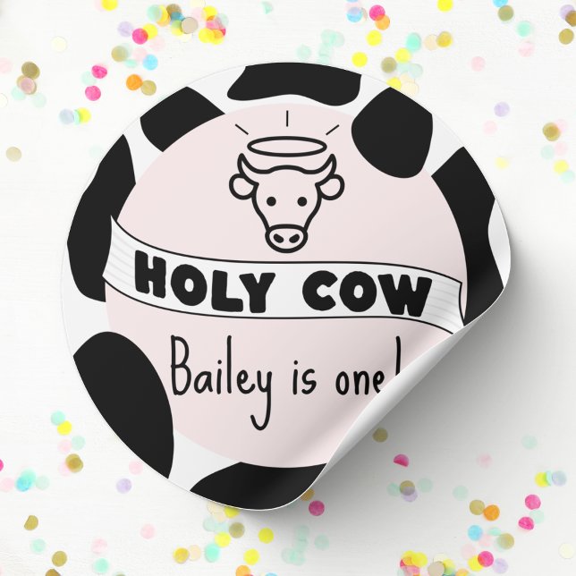 Adesivo Redondo Moto Festa de aniversário de vaca, Impressão, moin (Holy Cow birthday sticker custom name and age cow print pink cute modern bday favor stickers)