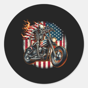 Adesivo Redondo Motocicleta com Bandeira dos EUA Esqueleto de Moto