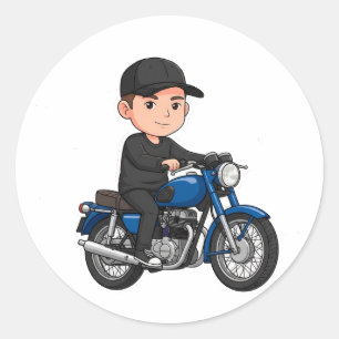 Adesivo Redondo 🏍️ Motociclista de Desenho Animado Retro Moto Clá