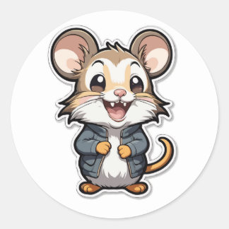 Adesivo Redondo Mouse Adorável no Design de Cartoon de Jaqueta