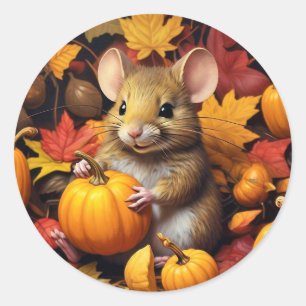 Adesivo Redondo Mouse de outono com Pumpkins & Leaves Sticker
