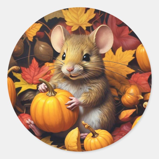Adesivo Redondo Mouse de outono com Pumpkins & Leaves Sticker (Frente)