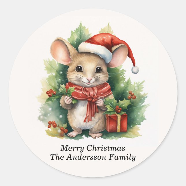 Adesivo Redondo Mouse Santa Hat Feliz Nome de Natal (Frente)