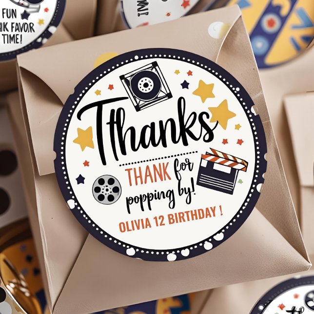 Adesivo Redondo Movie Night Thank You Sticker | Popcorn Birthday  (Criador carregado)