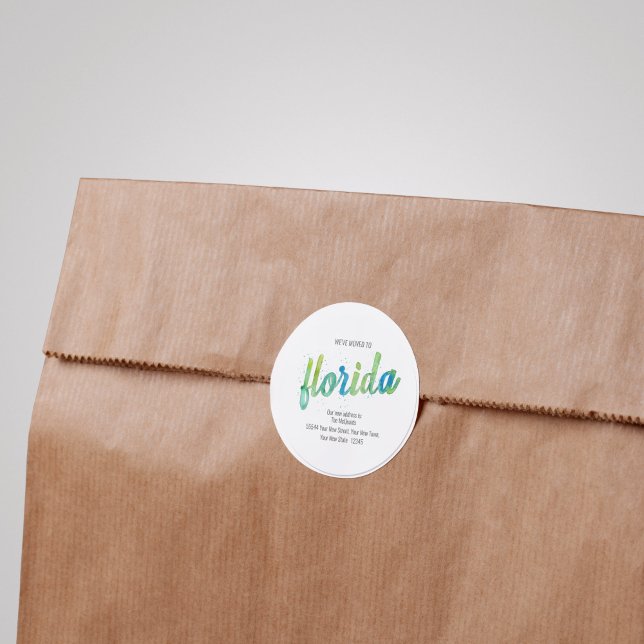 Adesivo Redondo Movimentamos Aquarela Pintada Mão na Flórida (We've Moved Round Sticker - Florida watercolor lettering)