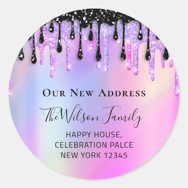 Adesivo Redondo Movimentamos o endereço de alteração de RSVP preto (Frente)