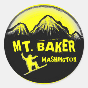 Adesivo Redondo Mt. Baker Washington, autocolantes amarelos do sno