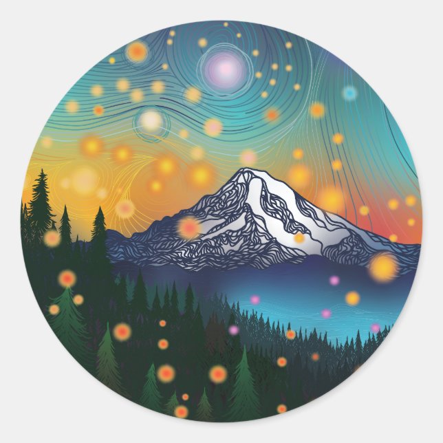 Adesivo Redondo Mt. Rainier w Eveny Starry Sky e Fireflies (Frente)