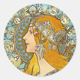 Adesivo Redondo Mucha Art Nouveau Poster - Zodiac - La Plume
