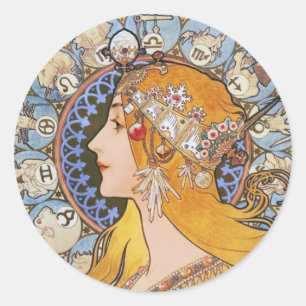 Adesivo Redondo Mucha Art Nouveau Poster - Zodiac - La Plume